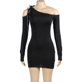 EVE Slash Neck Tie Up Long Sleeve Mini Dress GAXB-A446DS