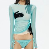 EVE Solid Mesh Patchwork Long Sleeve See-Through Top GAXB-A292TP