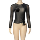 EVE Solid Mesh Patchwork Long Sleeve See-Through Top GAXB-A292TP