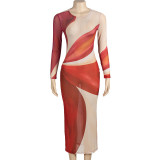 EVE Sexy Mesh Color Block Print Maxi Dress GAXB-A401DS