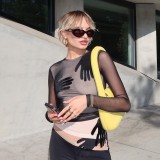 EVE Solid Mesh Patchwork Long Sleeve See-Through Top GAXB-A292TP