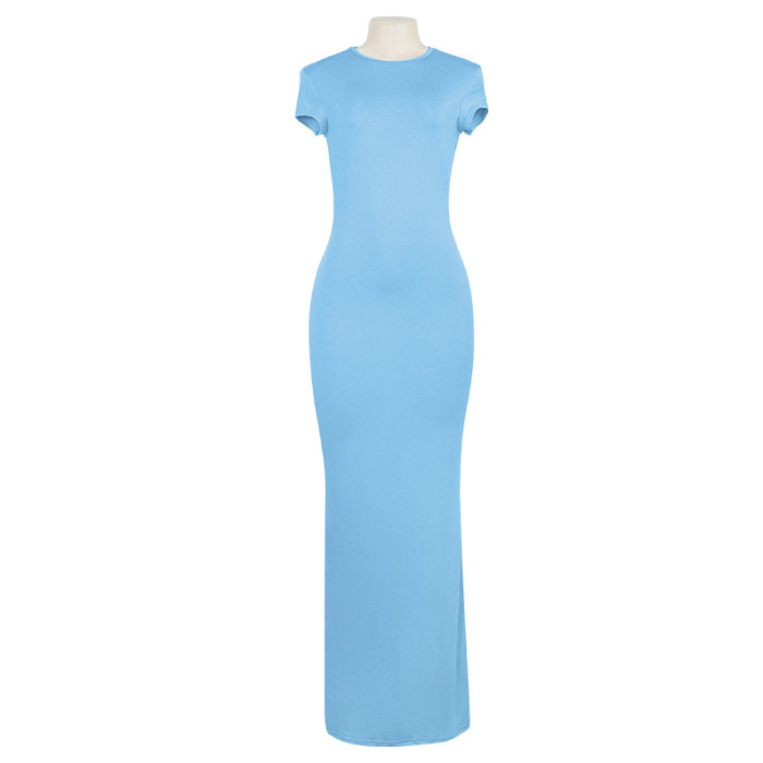 EVE Solid Color O Neck Slim Maxi Dress GAXB-A389DS