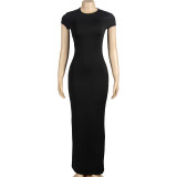 EVE Solid Color O Neck Slim Maxi Dress GAXB-A389DS