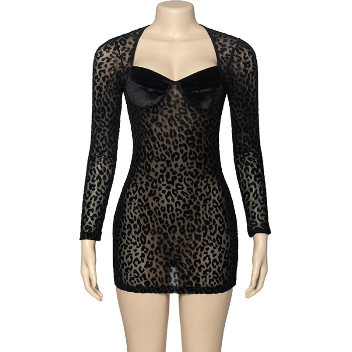 EVE Leopard Print Flocked Mesh Mini Dress GAXB-A342DS