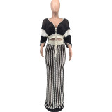 EVE Fashion V Neck Stripe Knits Contrast Color Pants Suit WAF-77675