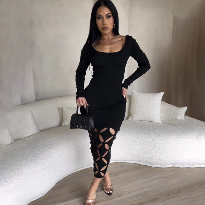 EVE Long Sleeve Solid Hollow Out Long Dress GAXB-A298DS