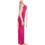 EVE Solid Color Tie Up Backless Maxi Dress GAXB-A410DS