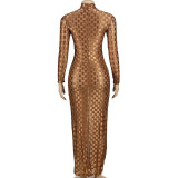EVE Solid Long Sleeve Mesh Long Hollow Out Dress GAXB-A283DS