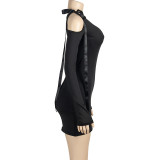 EVE Slash Neck Tie Up Long Sleeve Mini Dress GAXB-A446DS