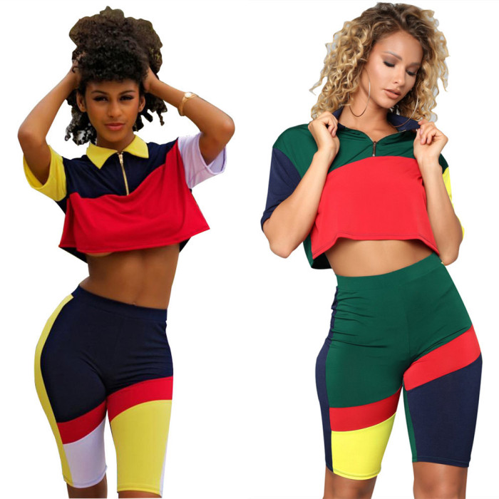 EVE Contrast Color Casual Sport Two Piece Shorts Set LSL-LS6142