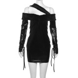 EVE Solid One Shoulder Long Sleeve Mini Dress GAXB-W074DS