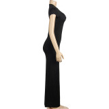 EVE Solid Color O Neck Slim Maxi Dress GAXB-A389DS