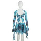 EVE Long Sleeve Tie Up Print Irregular Skirt Suit GAXB-W092ST