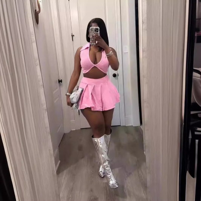 EVE Fashion Casual Lapel Top Short Skirt Two Piece Set XMCS-CS20242257