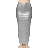 EVE Solid PU Leather Split Long Skirt GAXB-A280SK