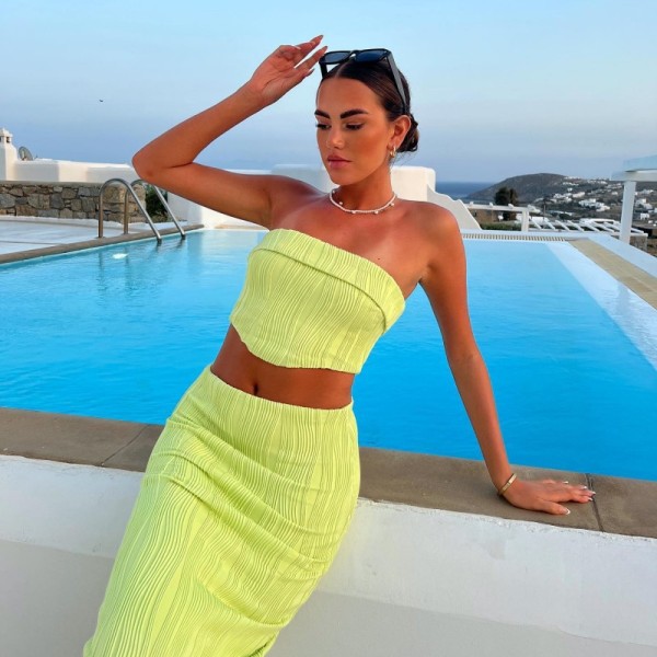 EVE Solid Wrap Chest Tops Two Piece Skirts Set GAXB-A203ST