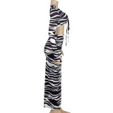 EVE Zebra Print Long Sleeve Lace-Up Top Split Long Skirt Set GAXB-A244ST