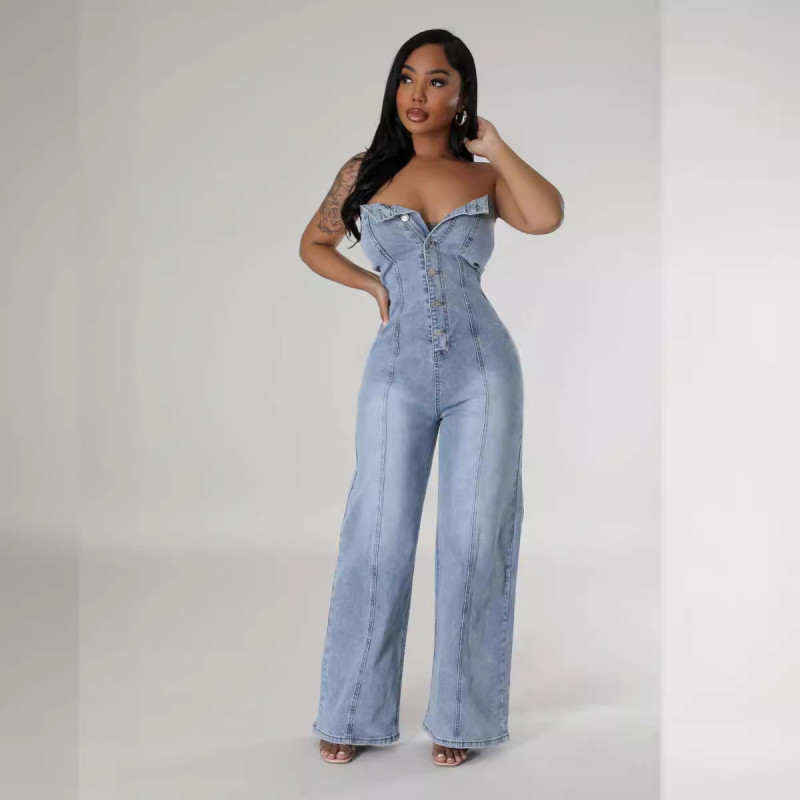 EVE Fashion Tube Tops Single-breasted Denim Jumpsuit GKNF-TSJ-6978