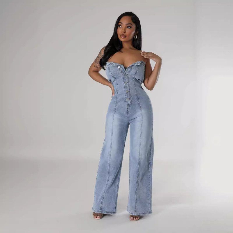 EVE Fashion Tube Tops Single-breasted Denim Jumpsuit GKNF-TSJ-6978