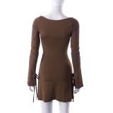EVE Solid Square Neck Long Sleeve Mini Dress GYSL-19922