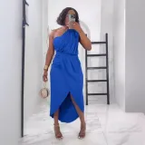 EVE Solid Pleated Single Shoulder Split Long Dress NY-10828