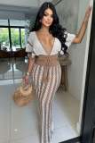 EVE Sexy V-neck Hollow Out Striped Knit Long Skirt Set ZSD-Z0326