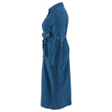 EVE Plus Size Denim Lapel Belt Midi Dress GDAM-218602