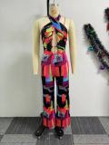 EVE Printed Crossover Hanging Neck Backless Jumpsuit NY-10823