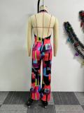 EVE Printed Crossover Hanging Neck Backless Jumpsuit NY-10823