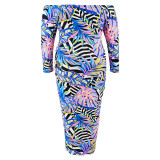 EVE Plus Size One Shoulder Print Long Sleeve Maxi Dress GDAM-218509