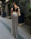 EVE Sexy V-neck Hollow Out Striped Knit Long Skirt Set ZSD-Z0326
