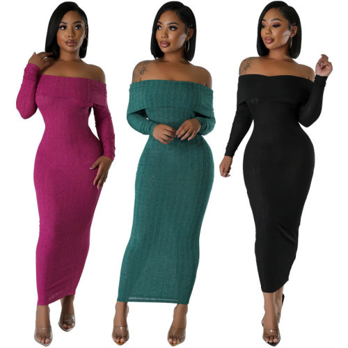 EVE Solid One Shoulder Long Sleeve Midi Dress XHXF-415