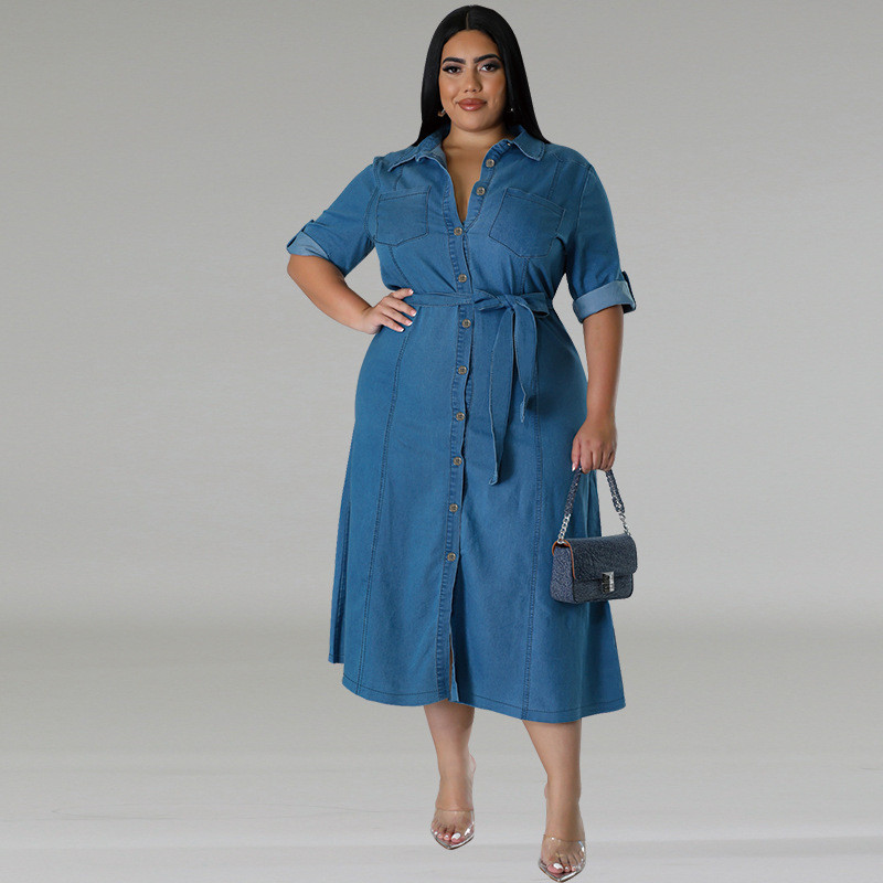 EVE Plus Size Denim Lapel Belt Midi Dress GDAM-218602