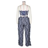 EVE Sexy Tie Up Wrap And Tassel Pants Print 2 Piece Set ZSD-0684