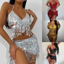 EVE Sequin Tassel Bikini Three Piece Swimsuit DYSC-DY22A28YYB062113