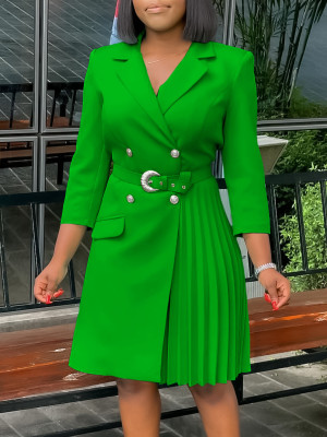 EVE Waist Pleated Patchwork Belt Mid-length Suit Dress GMLF-3284