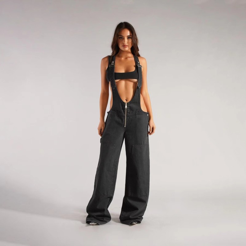 EVE Zipper Loose Casual Denim Back Pants Jumpsuit GQLF-30025