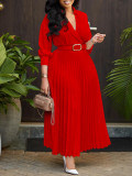 EVE Solid Color 3/4 Sleeve Belt Midi Dress GMLF-3285