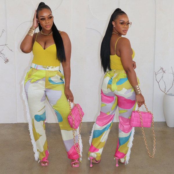 EVE Colorblocked Printed Fringed Wide Leg Pants SFY-494