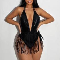 EVE Deep V Neck Tassel Halter One Piece Swimsuit DYSC-DY23A1025YYB103013