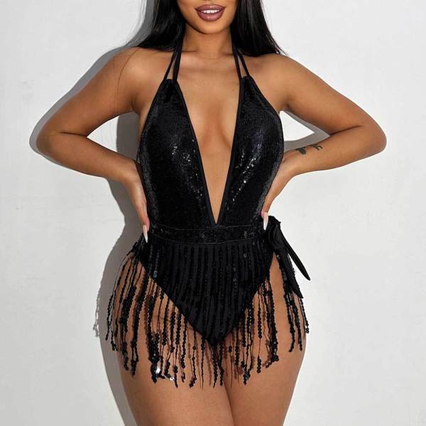 EVE Deep V Neck Tassel Halter One Piece Swimsuit DYSC-DY23A1025YYB103013