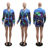 EVE Fashion Print Lapel Shirt Two Piece Skirt Set CYA-901300