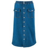 EVE Plus Size Denim Single Breasted Long Half-body Skirt GDAM-218609