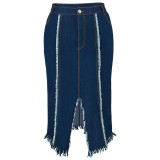 EVE Plus Size Fashion Tassel Split Denim Long Skirt GDAM-218606