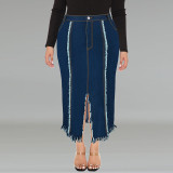 EVE Plus Size Fashion Tassel Split Denim Long Skirt GDAM-218606