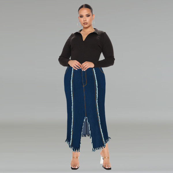 EVE Plus Size Fashion Tassel Split Denim Long Skirt GDAM-218606