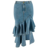 EVE Plus Size Ruffle Irregular Denim Long Skirt GDAM-218634