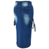 EVE Plus Size Pockets Split Denim Long Skirt GDAM-218632