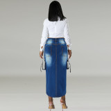 EVE Plus Size Pockets Split Denim Long Skirt GDAM-218632