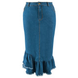 EVE Plus Size Tassel Ruffle Denim Half Body Skirt GDAM-218633